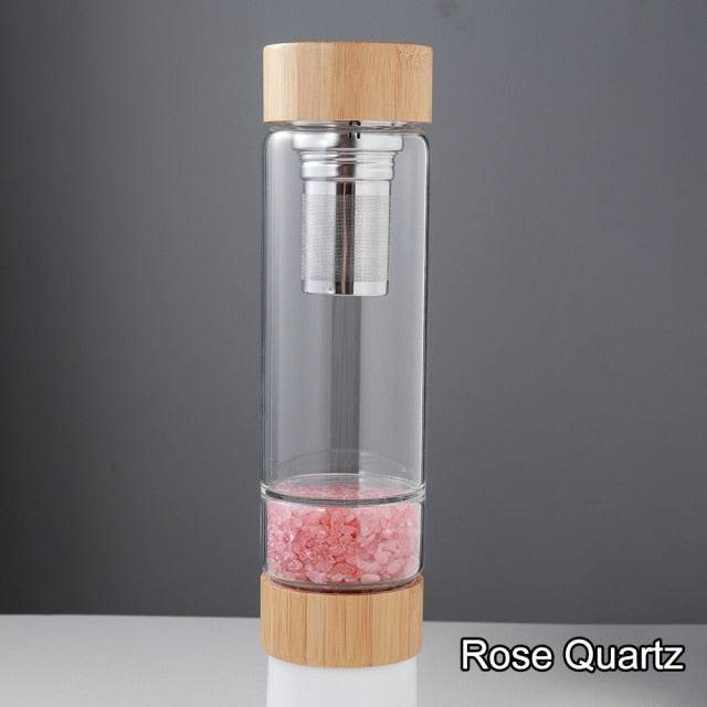 Rose Quartz Crystal Bamboo Glass Water Bottle 480ml