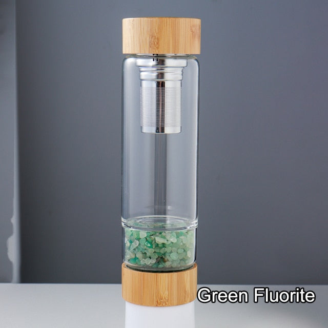 Green Aventurine Crystal Bamboo Glass Water Bottle 480ml